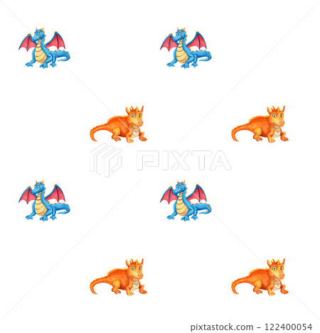 Seamless pattern with orange and blue dragon. Watercolor illustration on white background. For wrapping paper, textile, wallpaper, design, cards Seamless pattern with orange and blue dragon. Watercolor illustration on white background. For wrapping paper, textile, wallpaper, design, cards 122400054