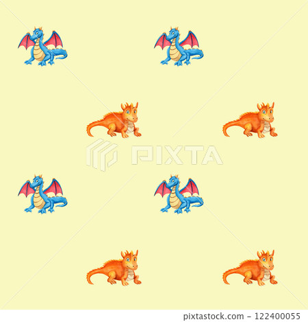 Seamless pattern with orange and blue dragon. Watercolor illustration on beige background. For wrapping paper, textile, wallpaper, design, cards Seamless pattern with orange and blue dragon. Watercolor illustration on beige background. For wrapping paper, textile, wallpaper, design, cards 122400055