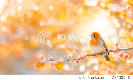 A small little bird is perched on a branch filled with berries, copy space 122400068