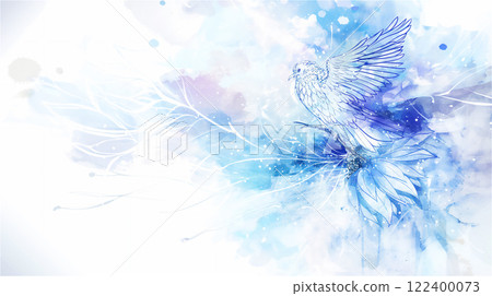A serene watercolor with birds and flowers - a delightful harmony of natural beauty captured in blue colors, copy space 122400073