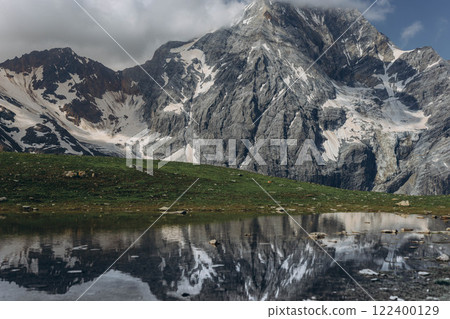 Reflection of the Italian Alps in a mountain lake, creating a stunning scenic view 122400129