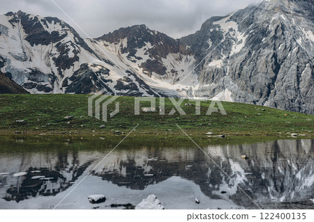 Reflection of the Italian Alps in a mountain lake, creating a stunning scenic view 122400135