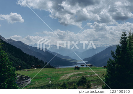 A scenic view of rolling green hills and distant mountains in the Alps Mountains A scenic view of rolling green hills and distant mountains in the Alps Mountains 122400160