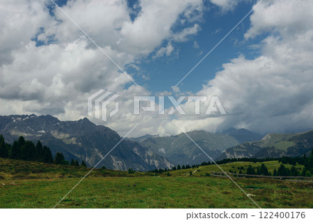 Panoramic view of the Italian Alps with a mountain lake, showcasing stunning natural beauty. Panoramic view of the Italian Alps with a mountain lake, showcasing stunning natural beauty. 122400176