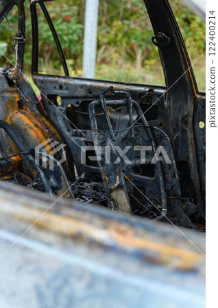 Burnt-out interior of a passenger car. 122400214