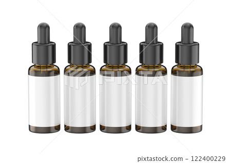 Row of brown glass dropper bottles with white blank labels Row of brown glass dropper bottles with white blank labels 122400229