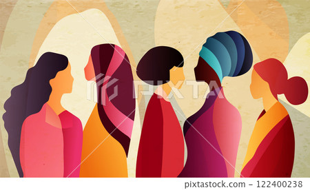 Group silhouette of multicultural women. Empowerment -equality - inclusion -  Diversity - or girl power concept. International women s day. Grunge texture background 122400238