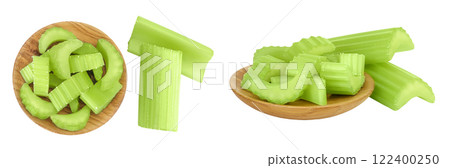 fresh celery in wooden bowl isolated on white background. Top view. Flat lay 122400250