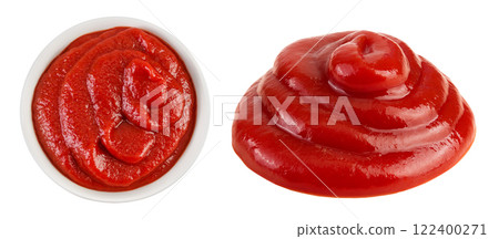 Red tomato sauce or ketchup in ceramic bowl isolated on white background . Top view. Flat lay 122400271