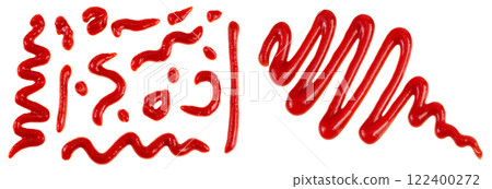 Red tomato sauce or ketchup isolated on white background. Top view. Flat lay. Set or collection 122400272