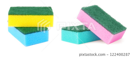 colorful sponges for washing dishes on a white background 122400287