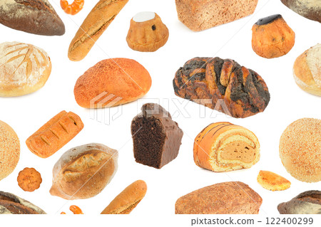 Seamless pattern of delicious bread products made from different types of flour isolated on white 122400299