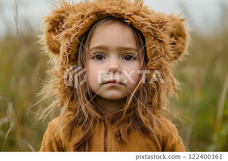 Portrait of a girl dressed with lion costume 122400361