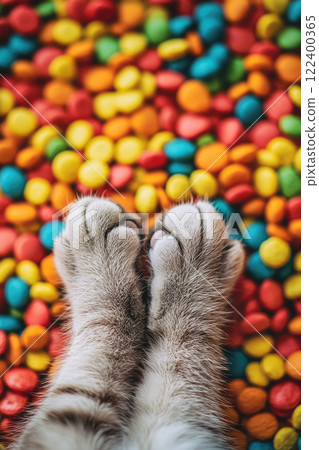 Close-up of cat paws on cat food mix 122400365