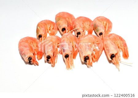 Fresh cooked shrimp isolated on white background. Seafood. 122400516
