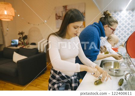 A Family Cooking Together in a Cozy and Inviting Kitchen Space with Joyful Atmosphere A Family Cooking Together in a Cozy and Inviting Kitchen Space with Joyful Atmosphere 122400611