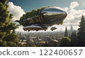 A large silver airship with plants growing on it flies over a city. The balloon is surrounded by trees and buildings, giving the impression of a futuristic cityscape. Scene is one of wonder 122400657