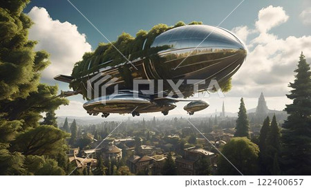 A large silver airship with plants growing on it flies over a city. The balloon is surrounded by trees and buildings, giving the impression of a futuristic cityscape. Scene is one of wonder 122400657