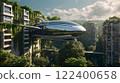 The vehicle of the future. The airship is surrounded by trees and buildings with a reflective mirrored surface, giving the impression of a futuristic urban landscape. The scene is futuristic 122400658