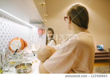 A Heartwarming Candid Moment Depicting a Loving Mother with Her Baby in a Modern Kitchen Setup 122400663