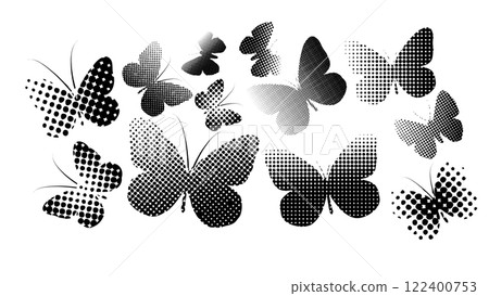 Silhouette of butterfly. Set of butterflies of different shapes. Monochrome vector illustration on white background. Silhouette of butterfly. Set of butterflies of different shapes. Monochrome vector illustration on white background. 122400753