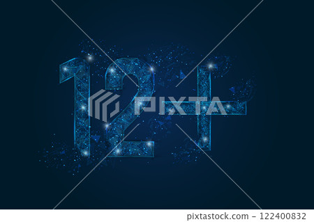 Abstract isolated blue image of 12 plus only censored. Polygonal low poly wireframe illustration looks like stars in the black night sky in space or flying glass shards. 122400832