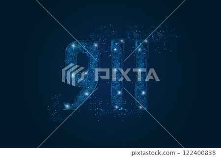 Abstract isolated blue image of The symbolic number 911 nine hundred eleven . Polygonal low poly wireframe illustration looks like stars in the black night sky in space or flying glass shards. 122400838