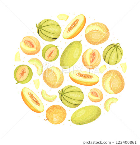 Sweet Melon Round Composition Design with Ripe Fruit Vector Template 122400861
