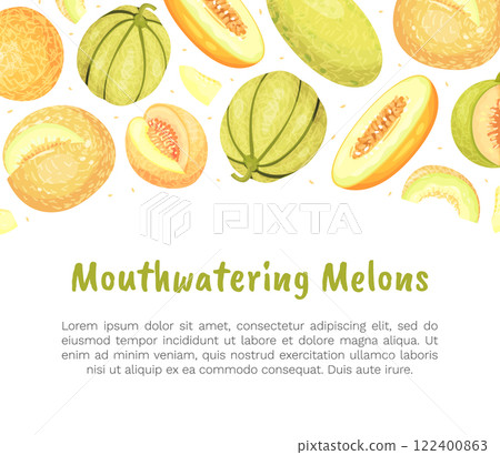 Sweet Melon Banner Design with Ripe Fruit Vector Template 122400863