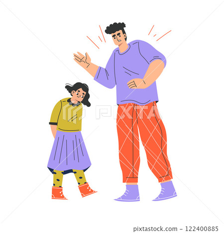 Man Parent Swear at Girl Daughter Yelling and Scold Vector Illustration Man Parent Swear at Girl Daughter Yelling and Scold Vector Illustration 122400885