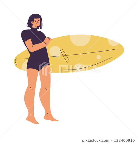 Woman Surfer Character with Surfboard Standing Vector Illustration 122400910