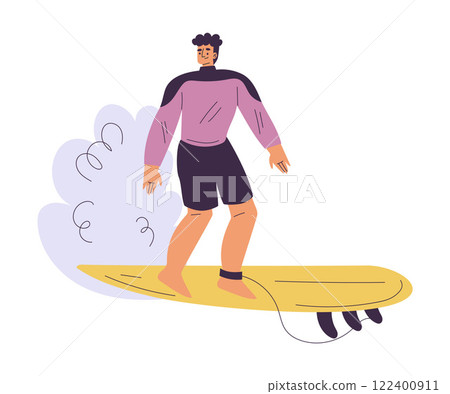 Man Surfer Character with Surfboard Ride Ocean Wave Vector Illustration 122400911
