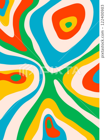 Retro background with Abstract psychedelic wavy pattern. Groovy waves in warm retro colors. Trendy twisted liquid texture in abstract y2k style. Vector graphic for posters and art prints 122400983