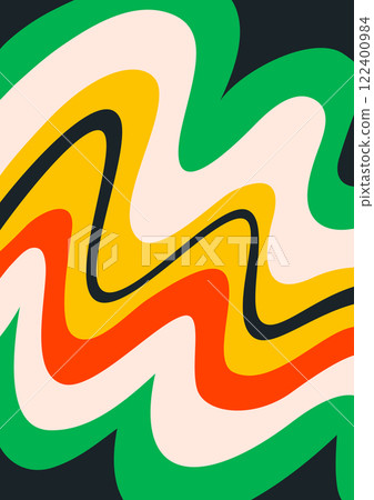 Retro background with Abstract psychedelic wavy pattern. Groovy waves in warm retro colors. Trendy twisted liquid texture in abstract y2k style. Vector graphic for posters and art prints 122400984