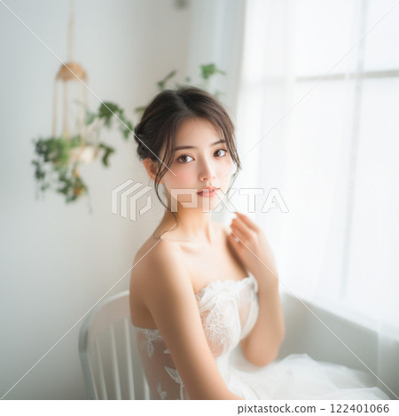 Beauty_Woman sitting on a white chair by the window_1 Beauty_Woman sitting on a white chair by the window_1 122401066