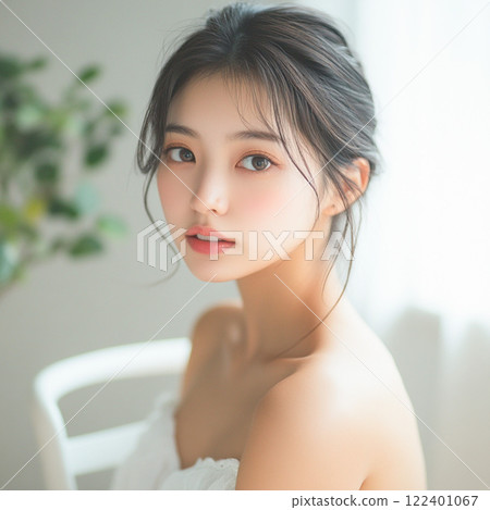 Beauty_Woman sitting on a white chair by the window_2 122401067