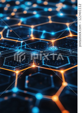 Futuristic digital network with glowing blue and orange hexagons 122401112