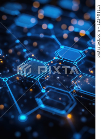 Abstract digital background with blue hexagonal shapes and glowing lights 122401115