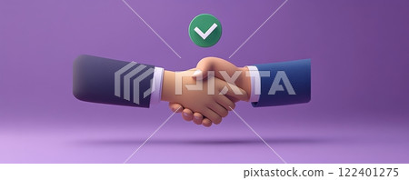 3D cartoon illustration of handshake with positive symbol 122401275