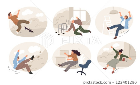 Falling down characters reasons. Cartoon people suddenly fall. Man losing balance. Woman stumbling and slipping from stepladder. Dangerous actions. Pain or injuries. Garish vector set 122401280