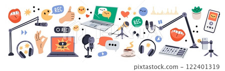 Recording studio icons. Podcast elements. Human hands. Live streaming. Microphones and laptop. Guests interview. Headphones and equalizer. Audio broadcast service. Garish vector set 122401319