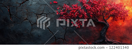 Vivid red autumn tree against a cracked textured background 122401340