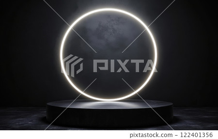 Black podium with glowing white neon circle light 122401356