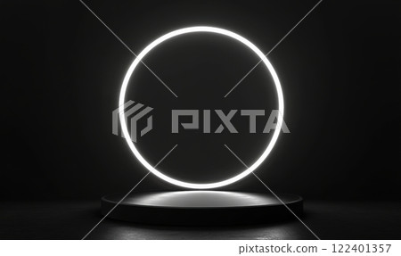 Futuristic black podium with glowing neon circle details 122401357