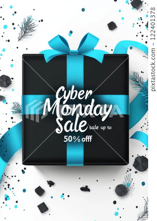 Elegant black gift box with blue ribbon for Cyber Monday sale Elegant black gift box with blue ribbon for Cyber Monday sale 122401378
