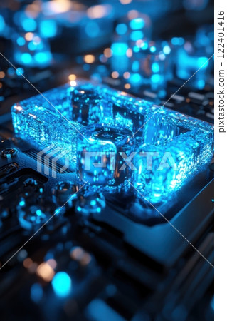 Abstract macro photography of glowing blue texture with light bokeh 122401416