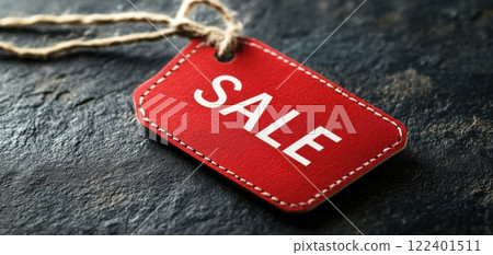 Red sale tag on black textured background for promotions 122401511