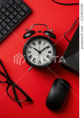 Black alarm clock with computer keyboard and mouse on red background 122401589