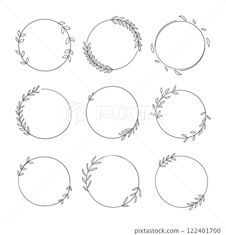 Collections of simple, small, botanical wreaths in a variety of circular shapes with leaf accents. Collections of simple, small, botanical wreaths in a variety of circular shapes with leaf accents. 122401700