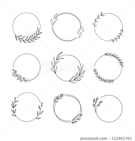 Collections of simple, small, botanical wreaths in a variety of circular shapes with leaf accents. Collections of simple, small, botanical wreaths in a variety of circular shapes with leaf accents. 122401701